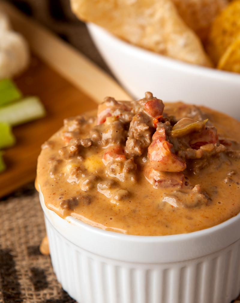 A classic, delicious dip! Cheesy Velveeta melted with taco-seasoned beef and diced chiles and tomatoes. Throw it all in the slow cooker and it's done! Keep it lower carb by dipping with raw veggies and pork rinds!