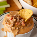 A classic, delicious dip! Cheesy Velveeta melted with taco-seasoned beef and diced chiles and tomatoes. Throw it all in the slow cooker and it's done! Keep it lower carb by dipping with raw veggies and pork rinds!