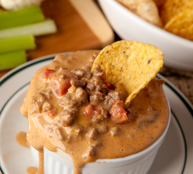 A classic, delicious dip! Cheesy Velveeta melted with taco-seasoned beef and diced chiles and tomatoes. Throw it all in the slow cooker and it's done! Keep it lower carb by dipping with raw veggies and pork rinds!