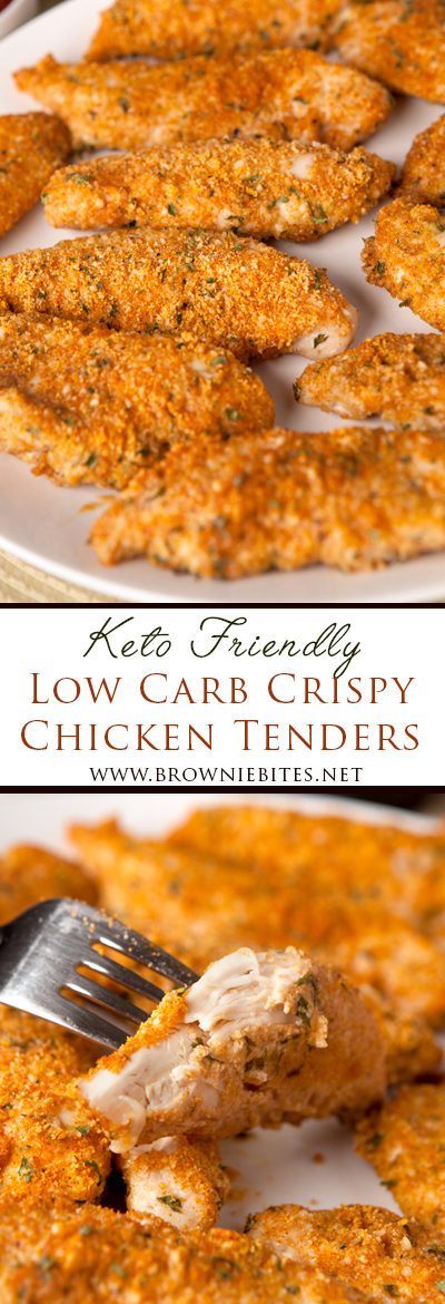 These low carb, keto friendly chicken tenders are crispy and full of flavor. My husband, who usually doesn't care for baked chicken tenders, LOVED these!! Easy low carb dinner idea!