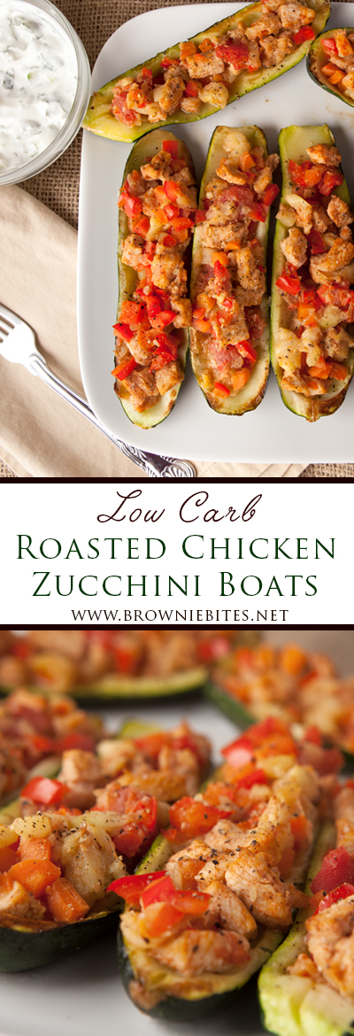 Easy and Fast Low Carb Dinner Idea! Chicken Stuffed Zucchini boats with a a fresh lemon mint topping. I could eat the whole recipe myself