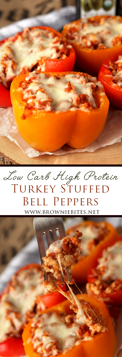 low (slow) carb ground turkey stuffed bell peppers - high protein, 30g per serving.  Easy dinner idea!