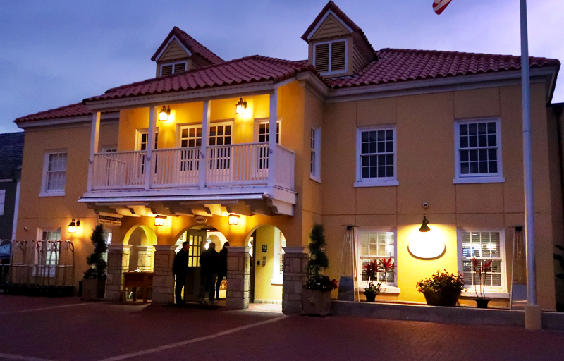 Exterior shot at night of the Hilton Bayfront Inn in St. Augustine