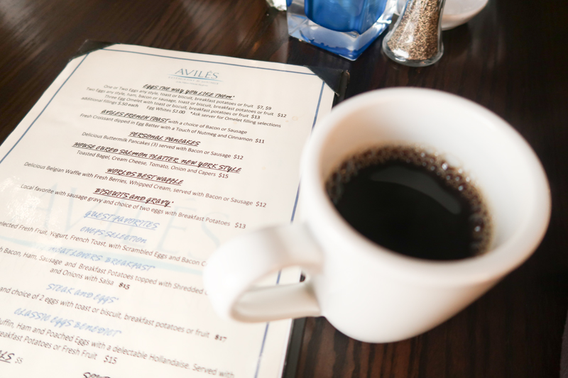 Coffee and breakfast menu at Aviles Restaurant in St. Augustine