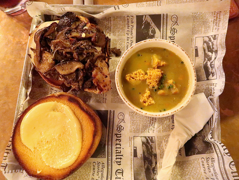 mushroom and swiss burger with split pea soup at prohibition kitchen