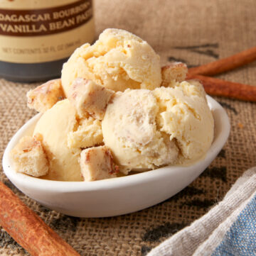 a dish of creamy homemade cinnamon roll ice cream