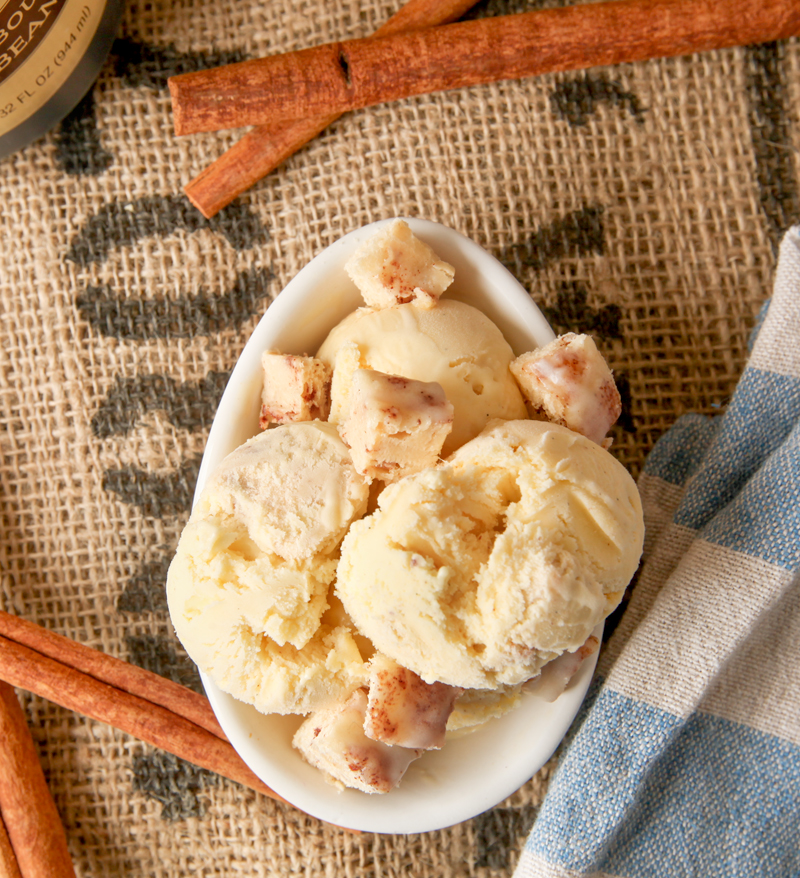 Overhead layflat view of homemade cinnamon roll ice cream