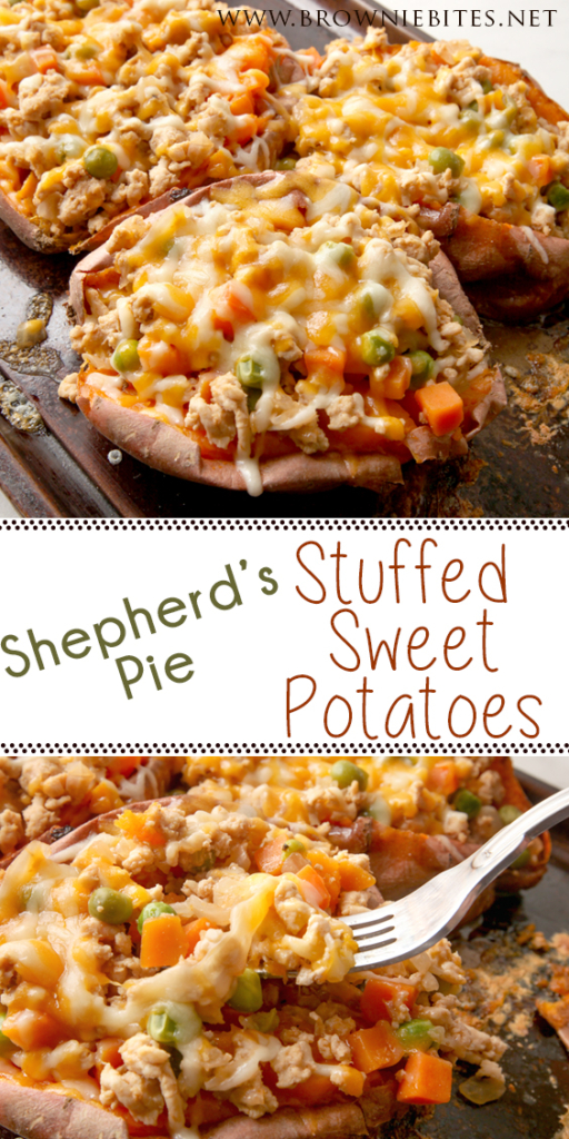 Baked sweet potato stuffed with a Shepherd's Pie filling - cheesy, easy dinner idea that's a riff on a classic favorite.