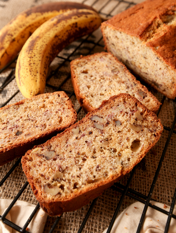 Slices of moist banana walnut bread