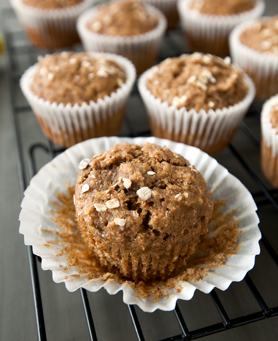 moist whole wheat muffins with baking paper peeled back