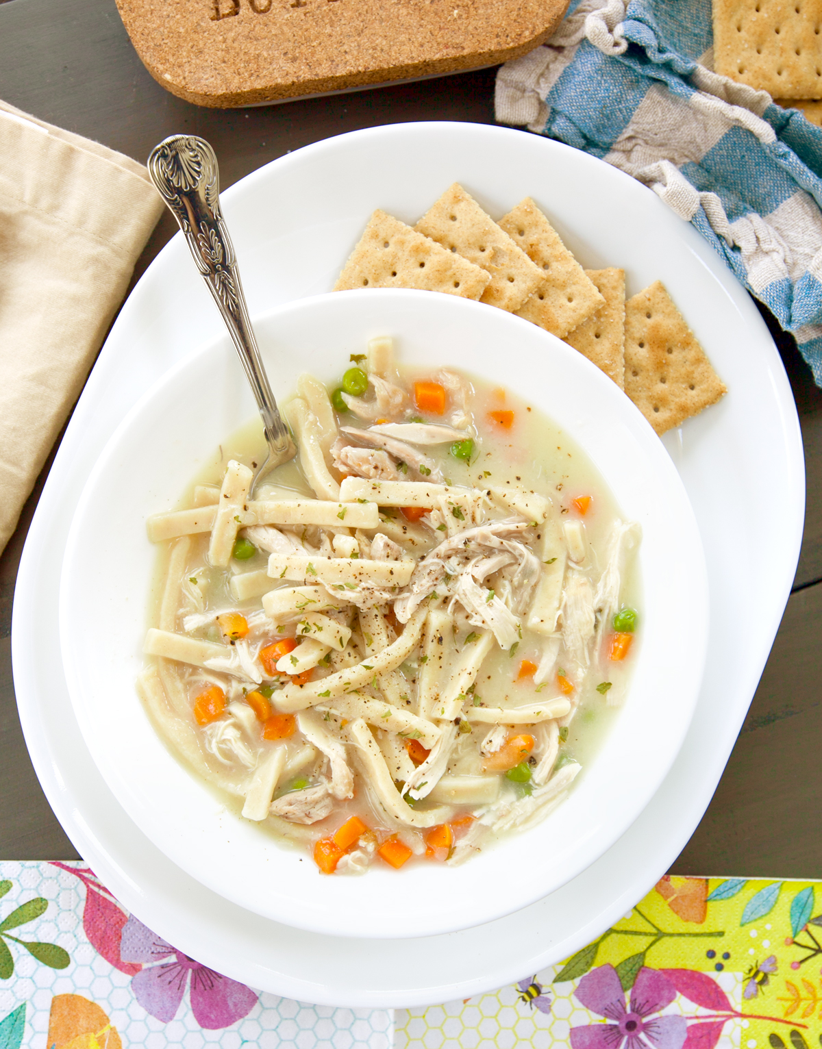 quick and easy chicken noodle soup flatlay