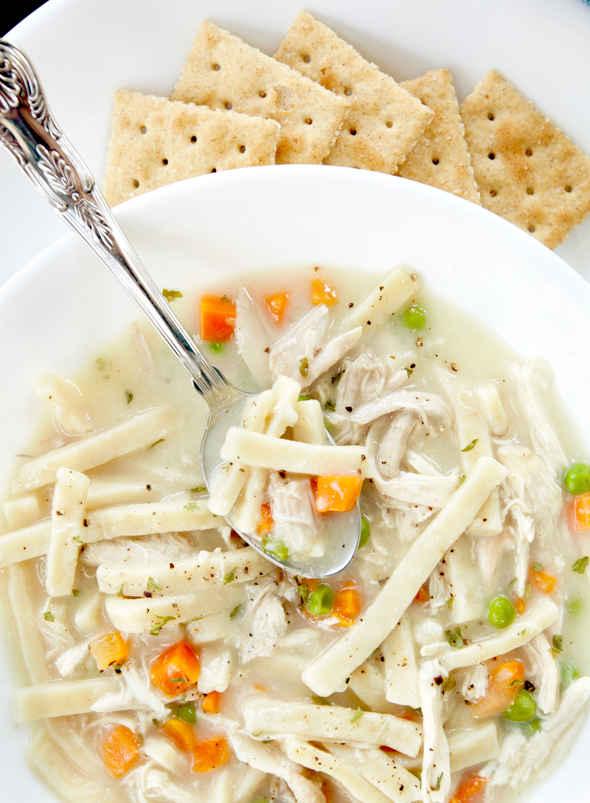 Close up of bowl of quick and easy chicken noodle soup.