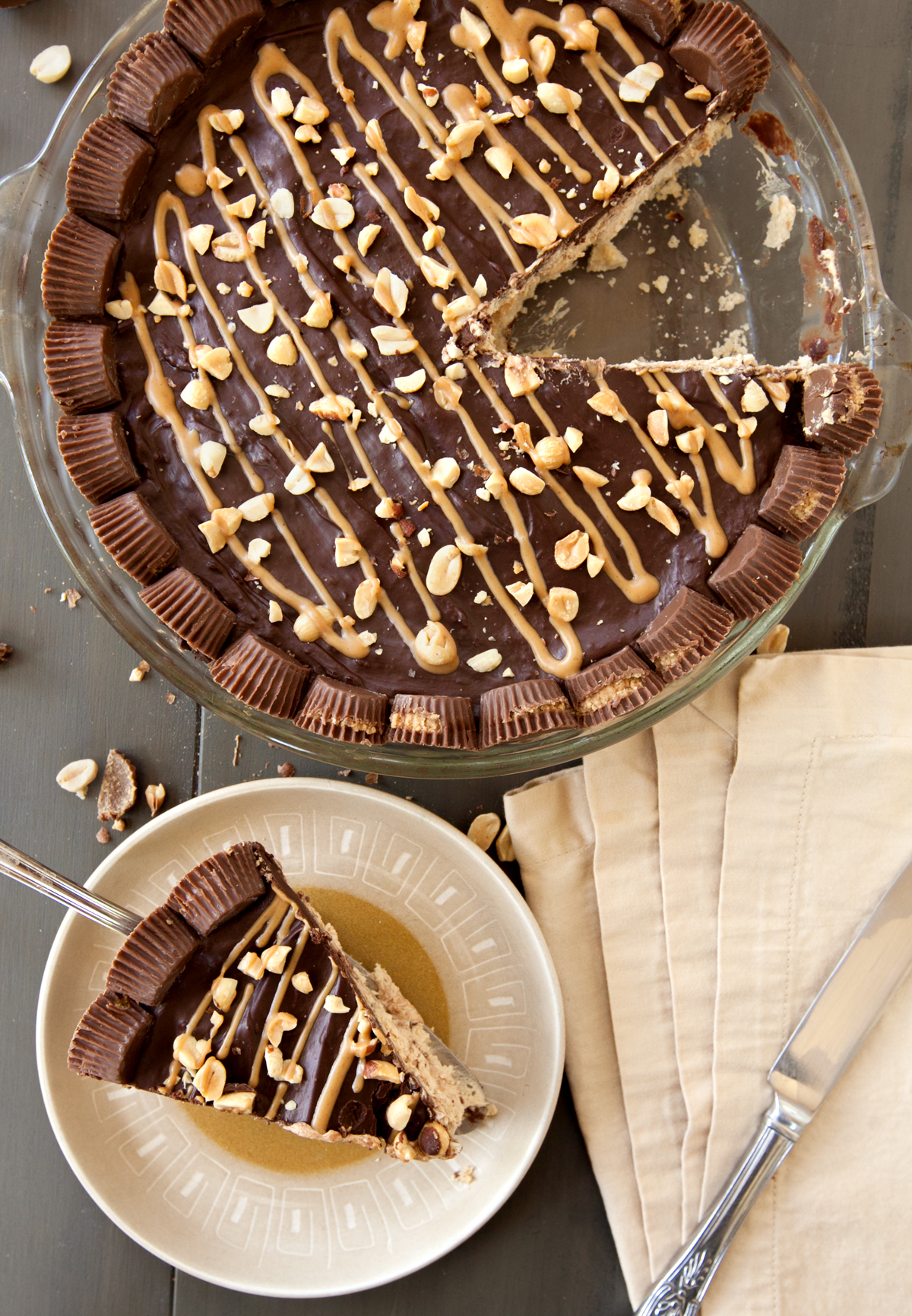 flat lay of chocolate peanut butter pie