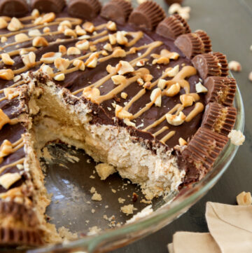 chocolate peanut butter pie with slice taken out