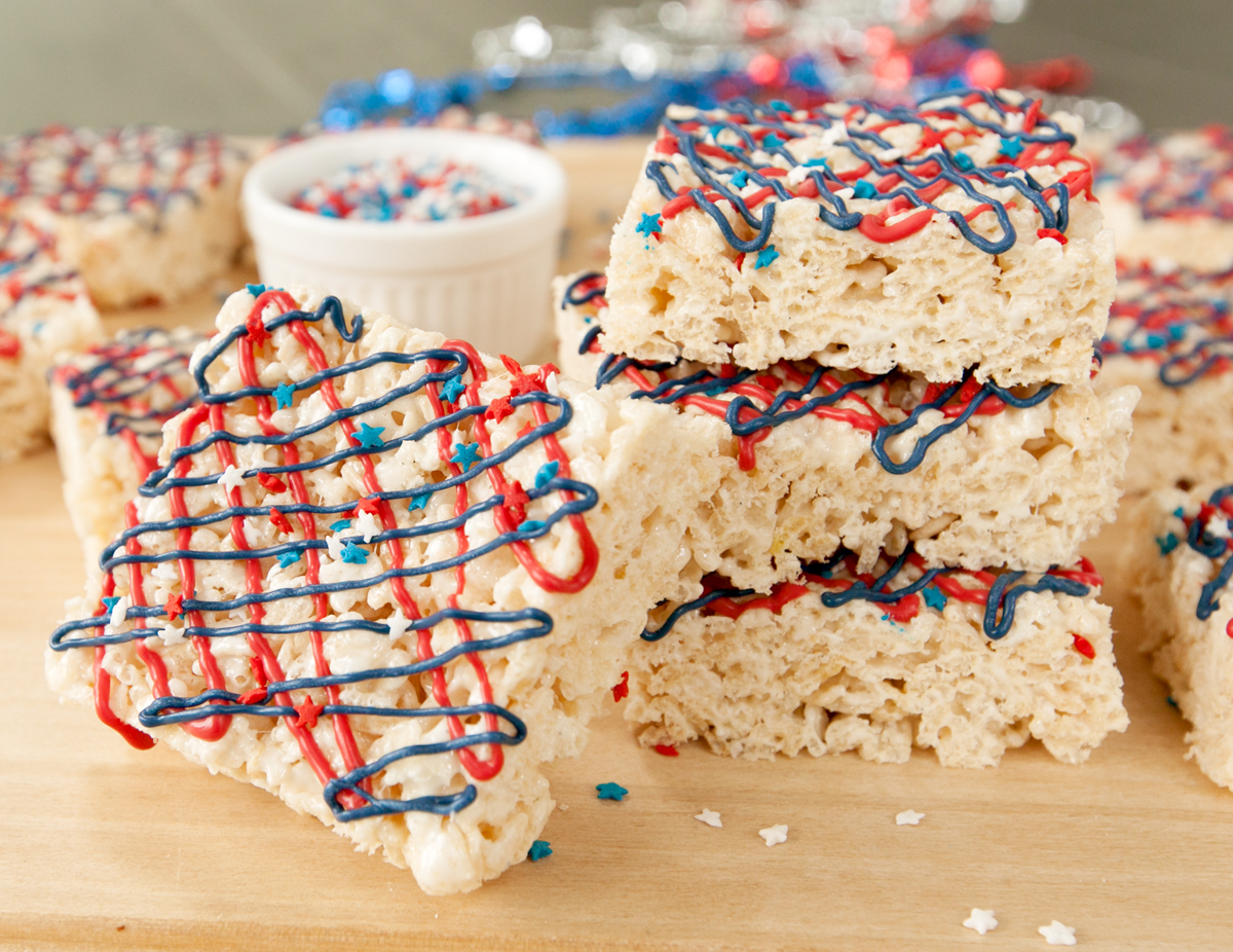 a stack of red white and blue rice krispie treats