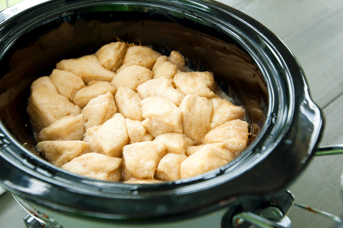 golden biscuit topping in a crock pot