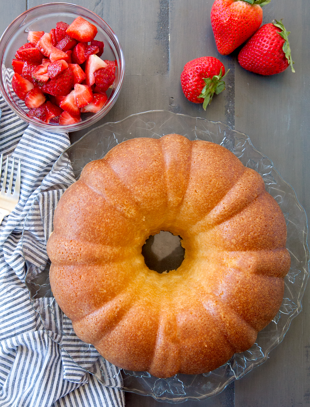 overhead flat lay of a sour cream pound cake