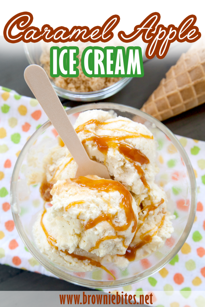 overhead view of caramel apple ice cream with a wooden spoon with text for Pinterest