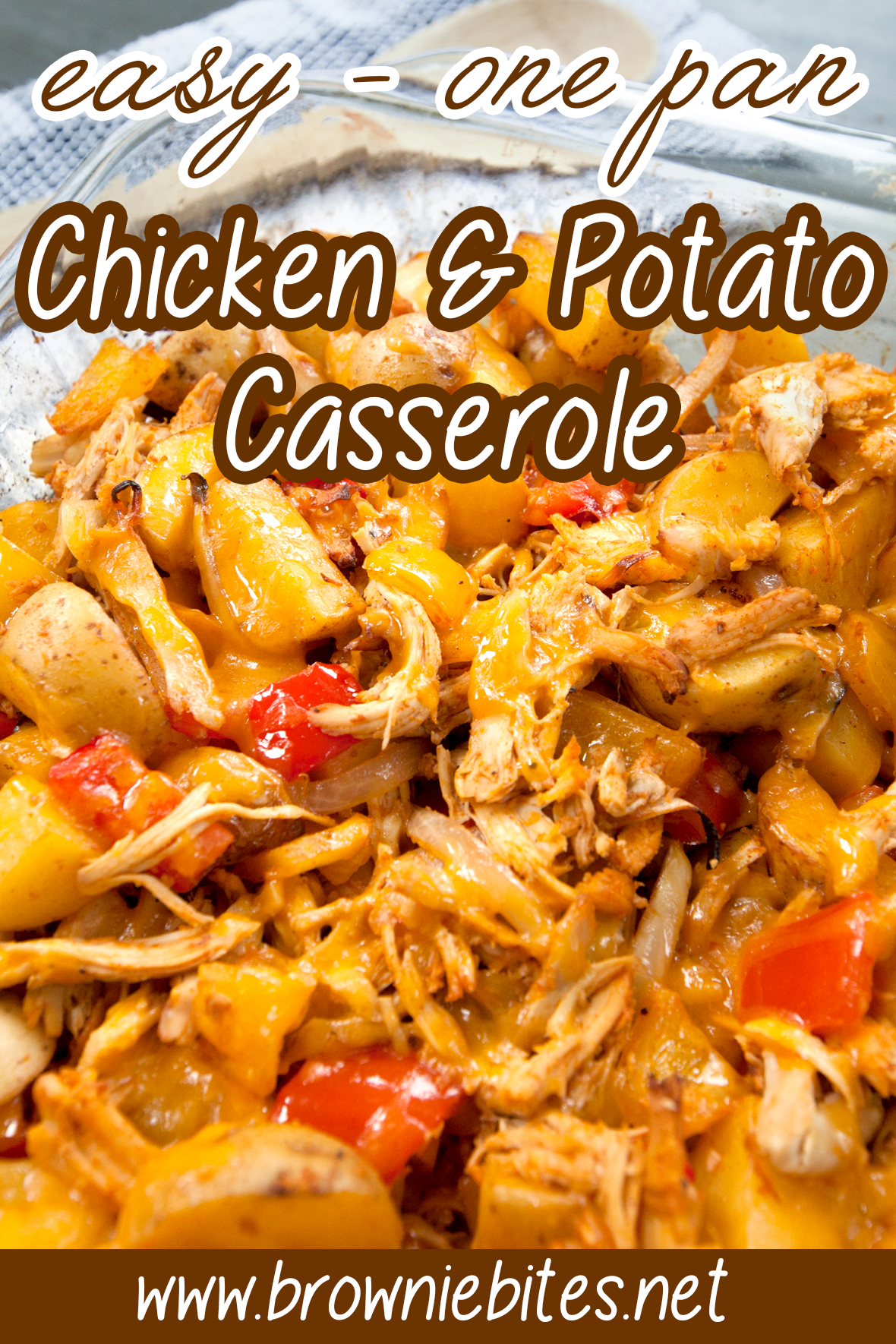image of a chicken and potato bake casserole with text for use on pinterest