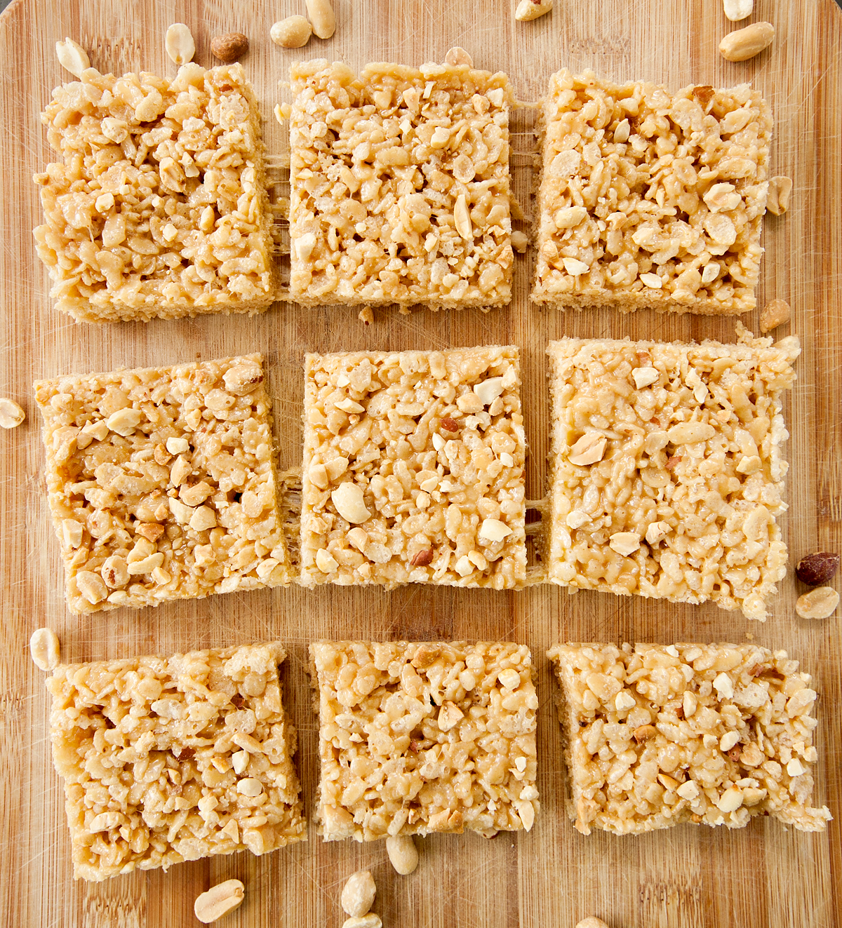 flatlay shot of squares of peanut butter rice krispie bars