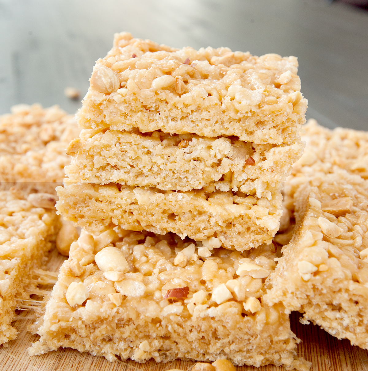 A stack of ooey gooey peanut butter rice krispie bars