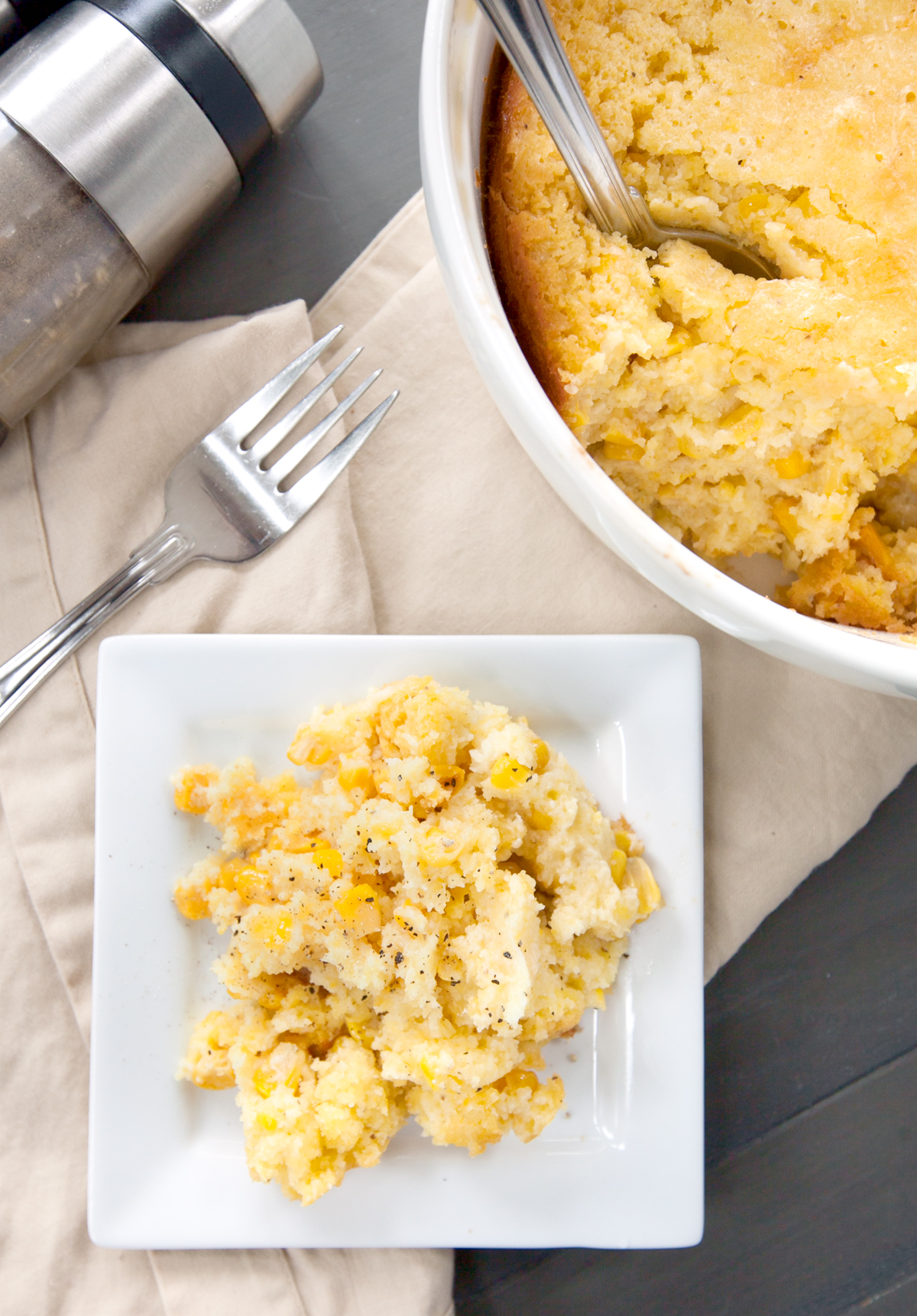 an overhead view of a plate of cornbread casserole