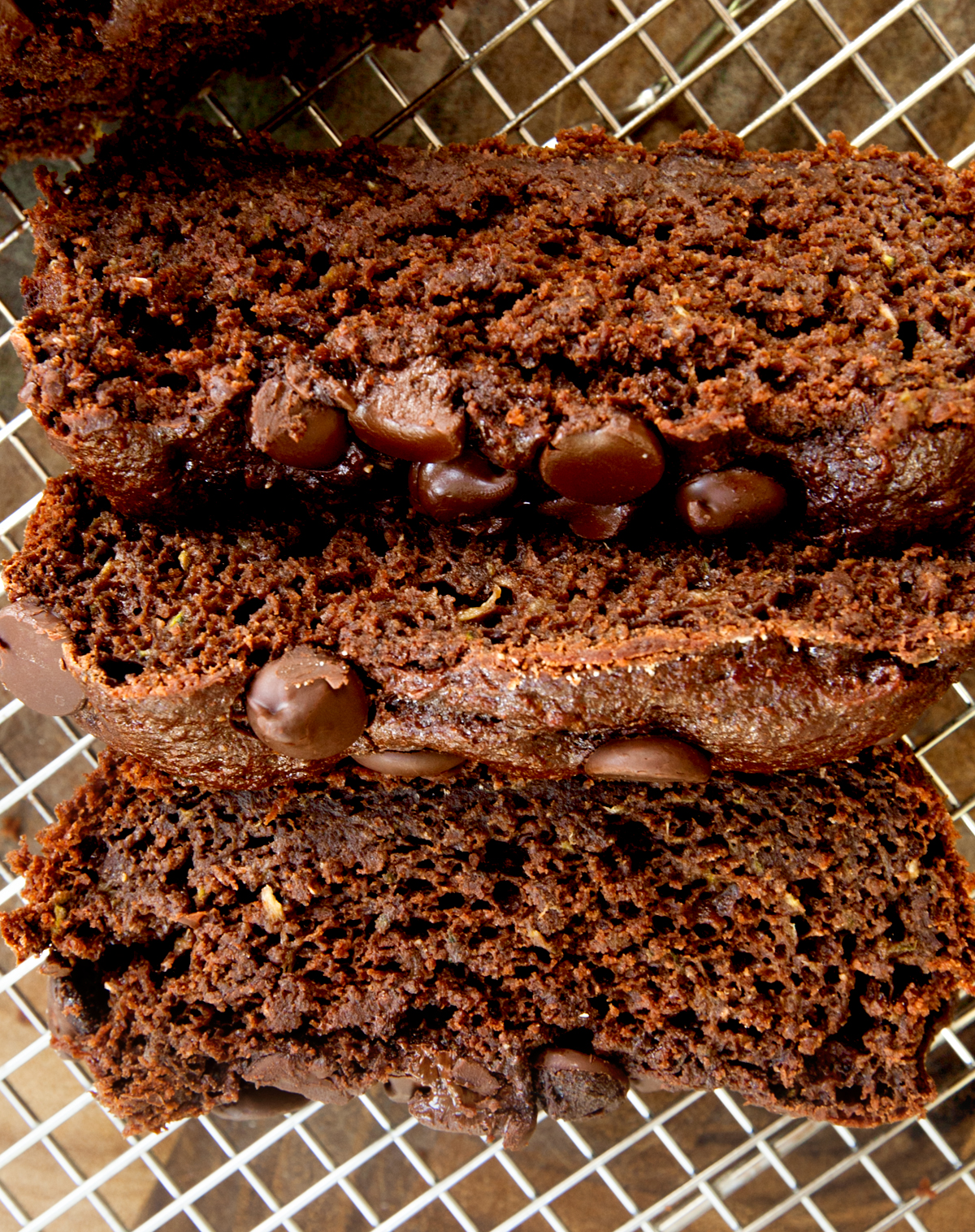 Close up of chocolate zucchini bread slices.