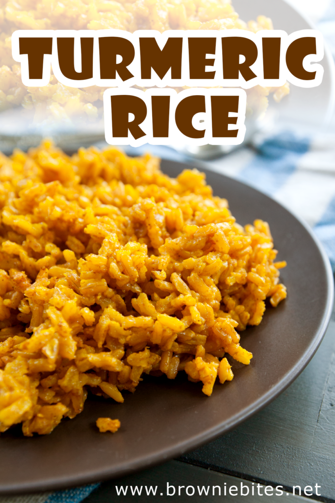 a close up view of a plate of turmeric rice with text for pinterest