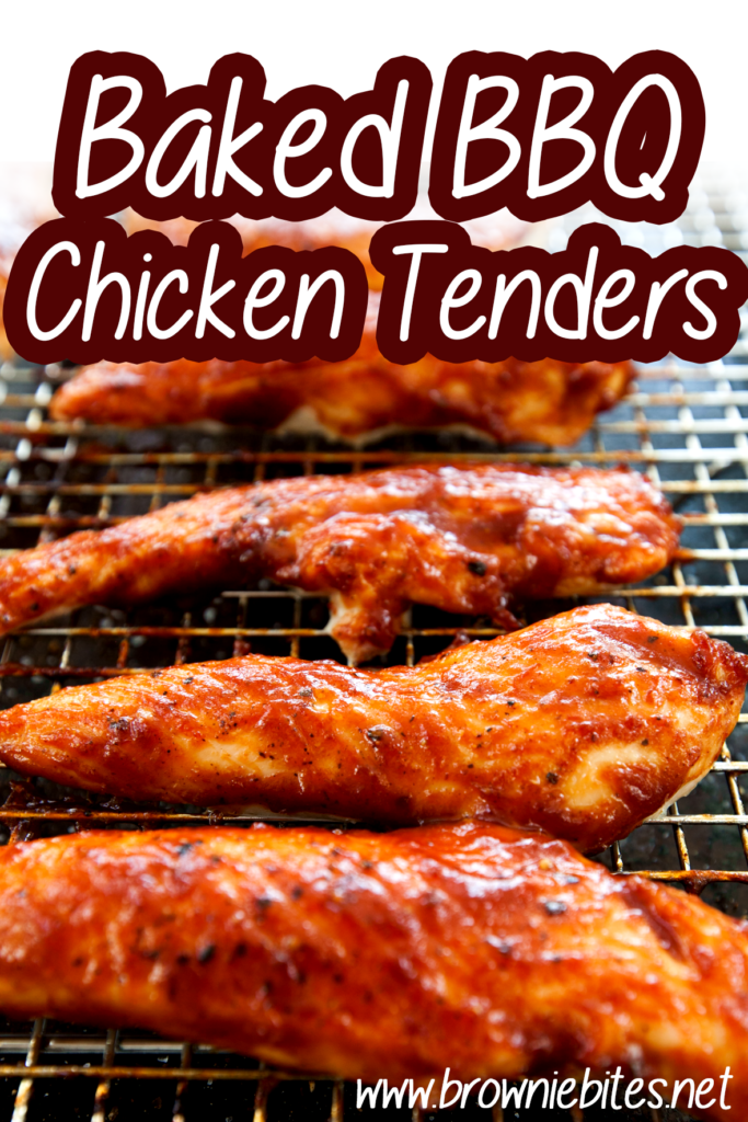 A close up of seasoned baked BBQ chicken tenders with juicy barbecue sauce and text added for Pinterest.