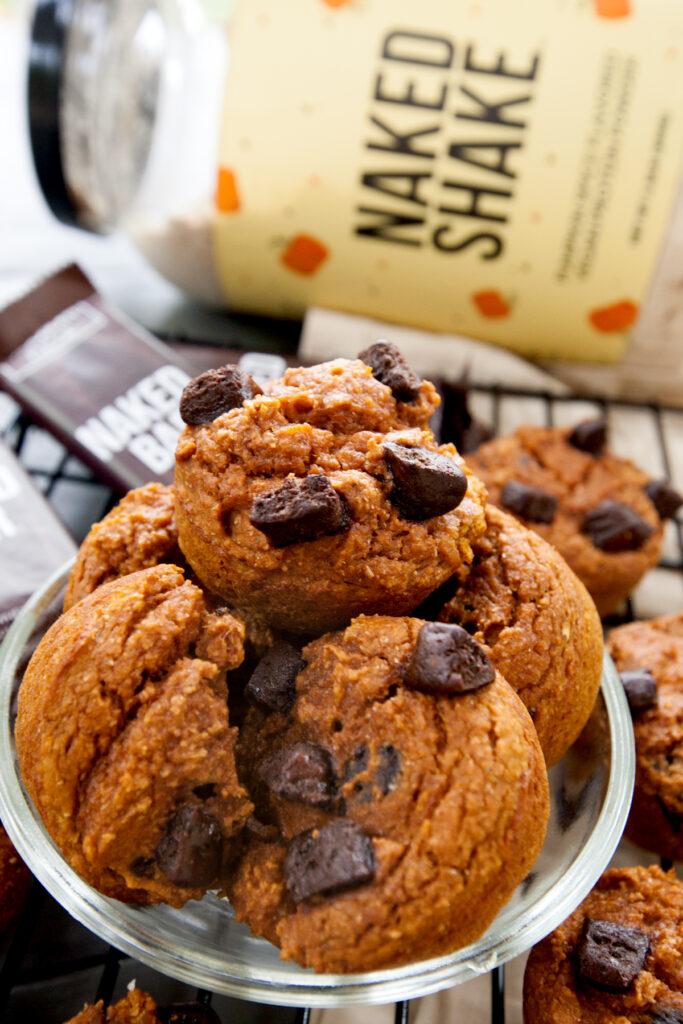 A bowl piled high with pumpkin protein muffins