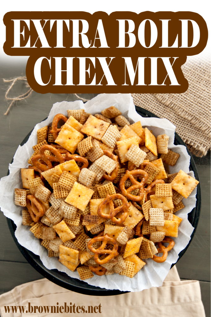 Overhead view of a bowl of bold chex mix with text for Pinterest sharing