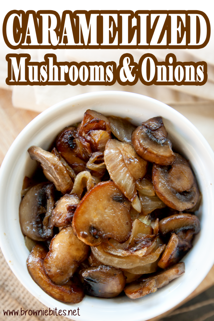 Overhead view of a ramekin of deeply-colored caramelized mushrooms and onions, with text for pinterest.