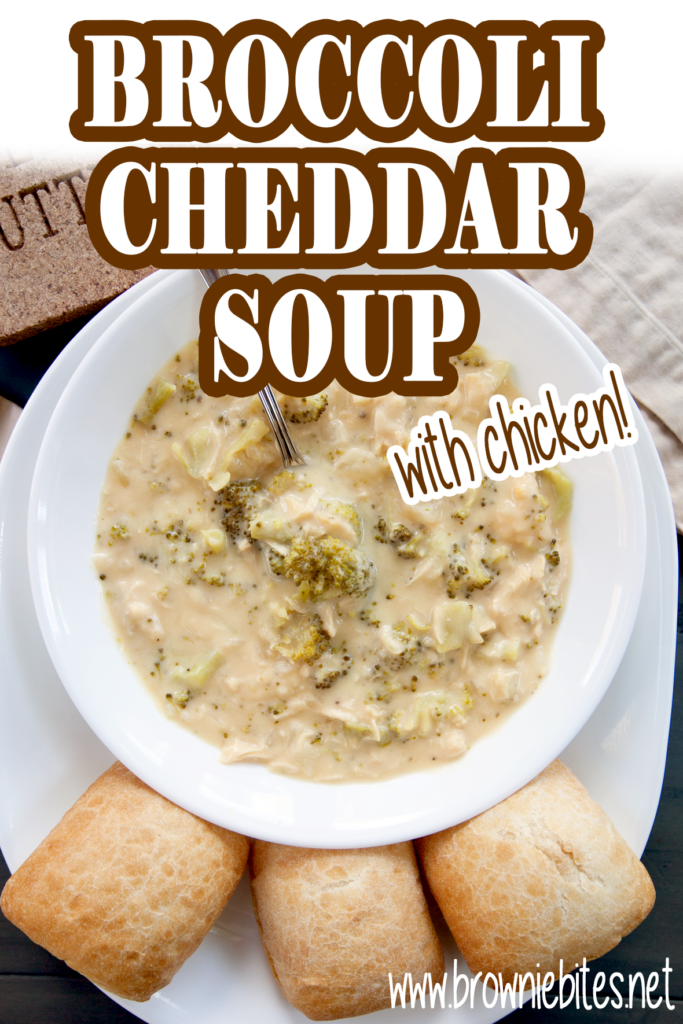 A flatlay shot of a bowl of chicken broccoli cheddar soup with soft ciabatta buns, with text for Pinterest