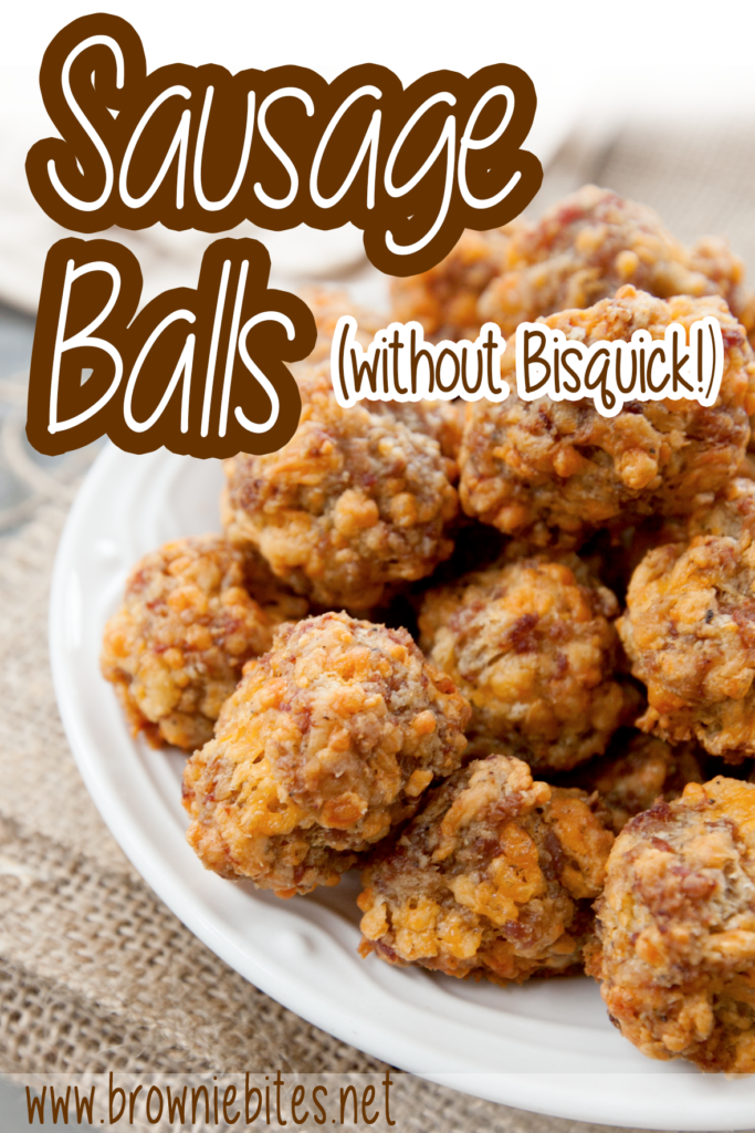 Up close photo of a plate of sausage balls with text for use with Pinterest