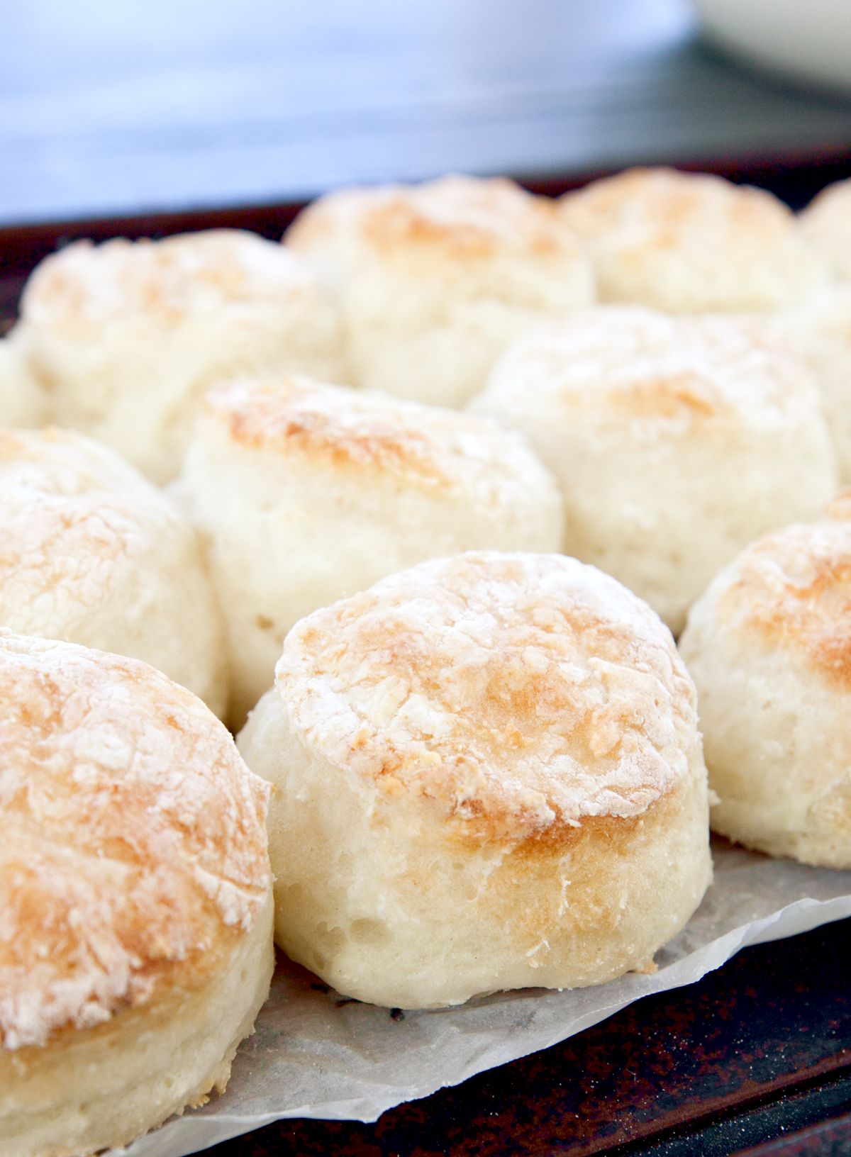 A pan of tall fluffy low calorie biscuits