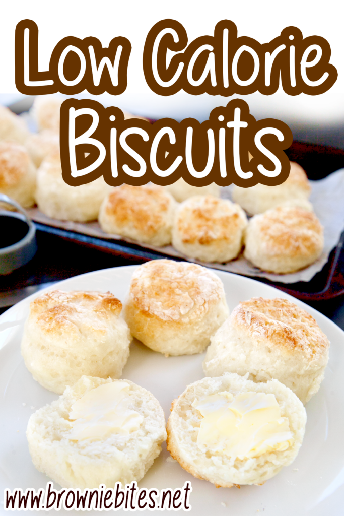 A plate of low calorie biscuits smeared with butter, with text for Pinterest