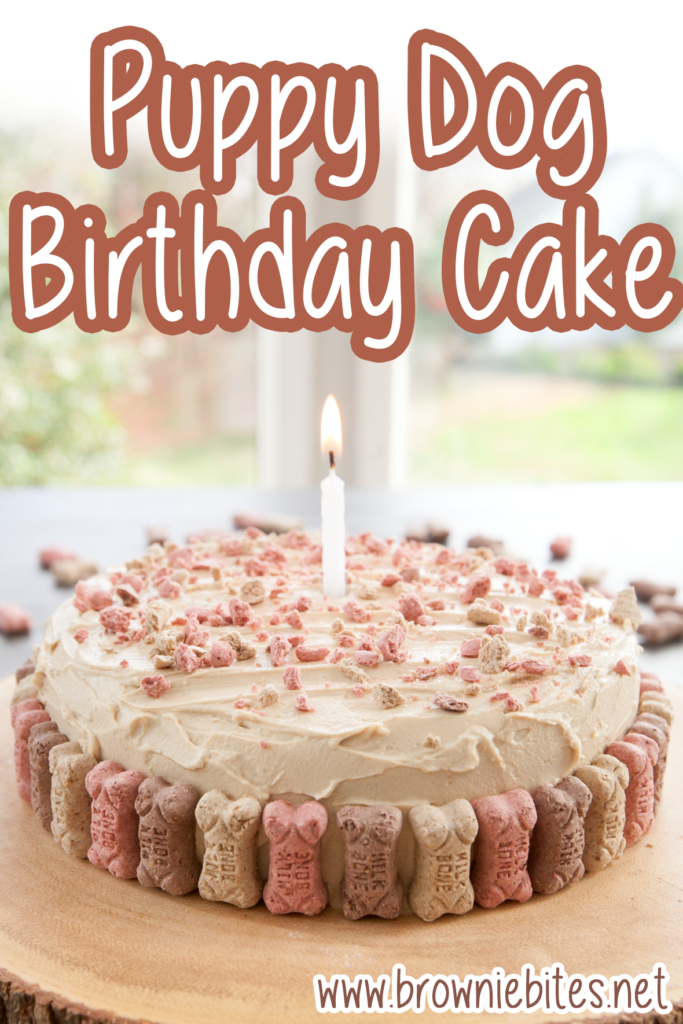 Image with text, for Pinterest, directing to a recipe for a dog birthday cake without peanut butter.