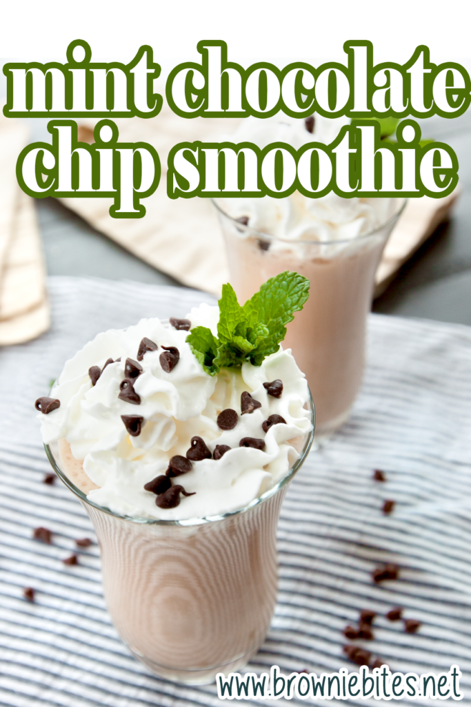 Two mint chocolate chip smoothies topped with whipped cram, with text for Pinterest.
