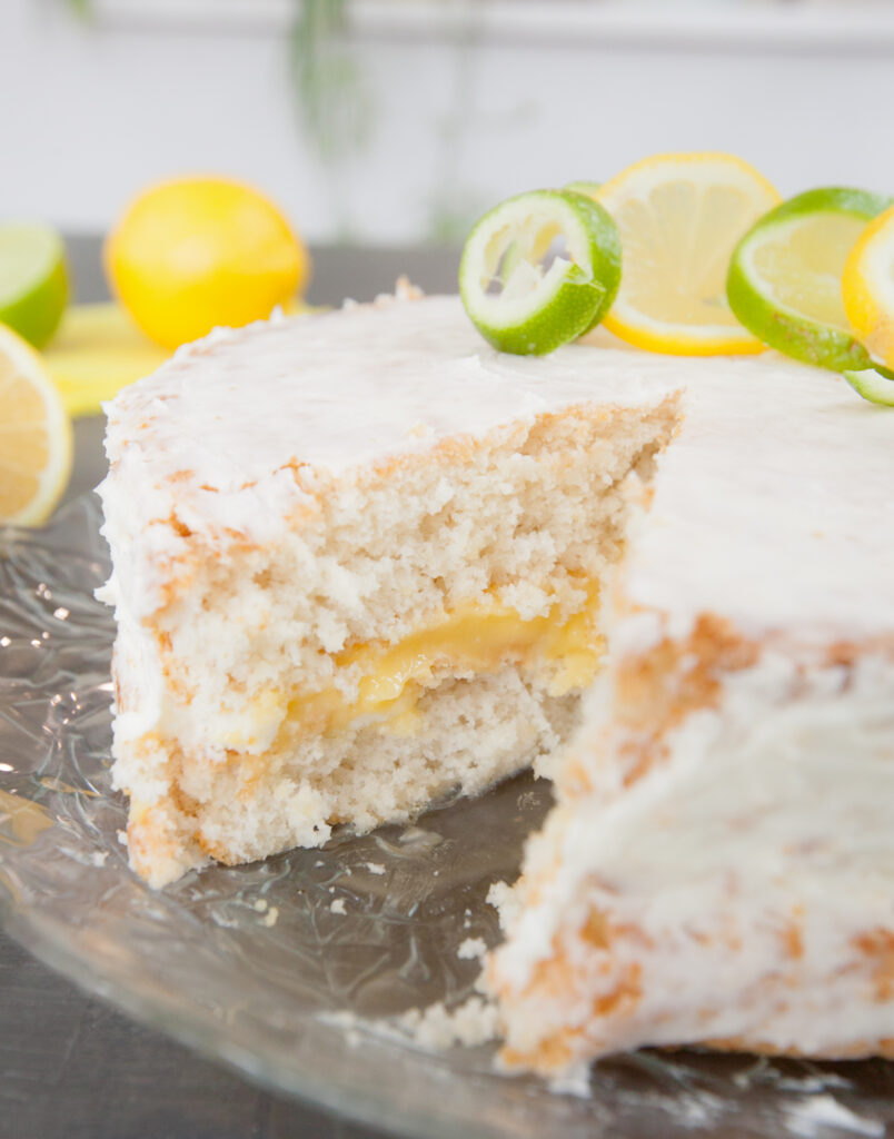 A cut open sprite cake with layers visible.