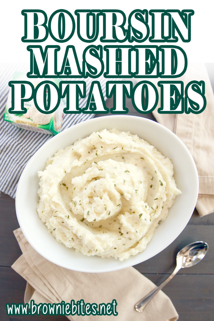 overhead view of creamy boursin mashed potatoes with text for pinterest.