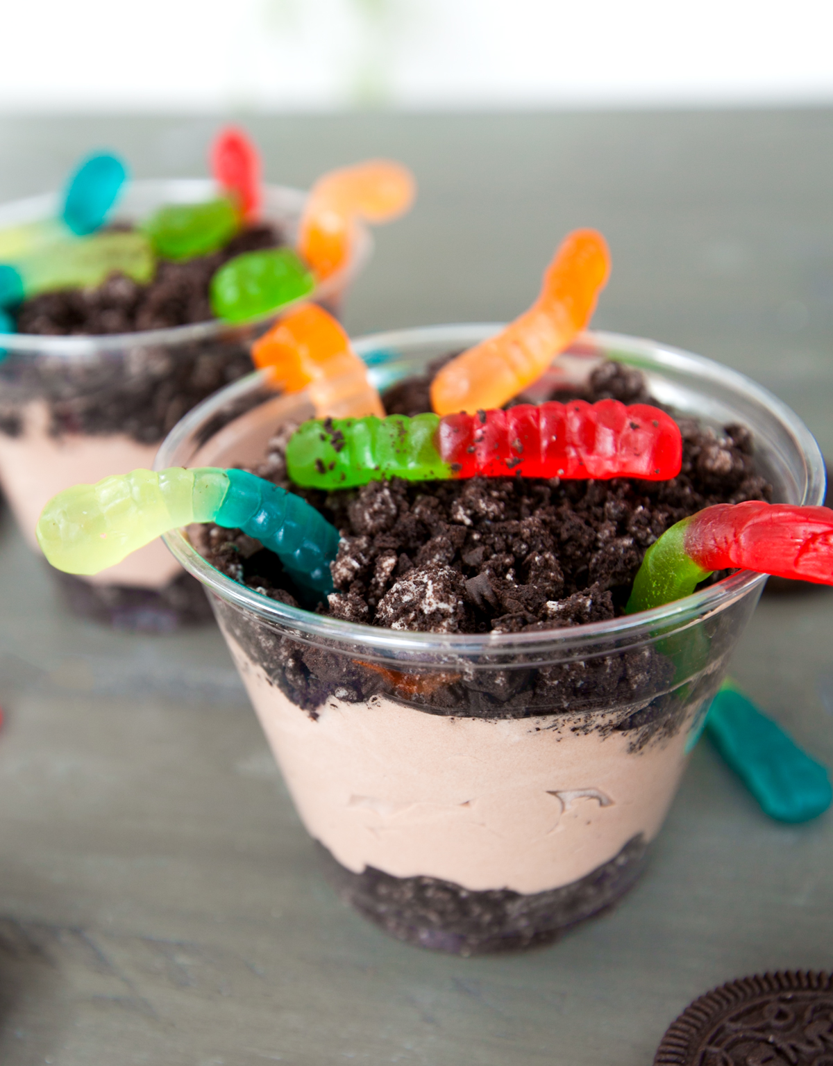 Dirt and Worms pudding cups with fun colored gummy worms sticking out.