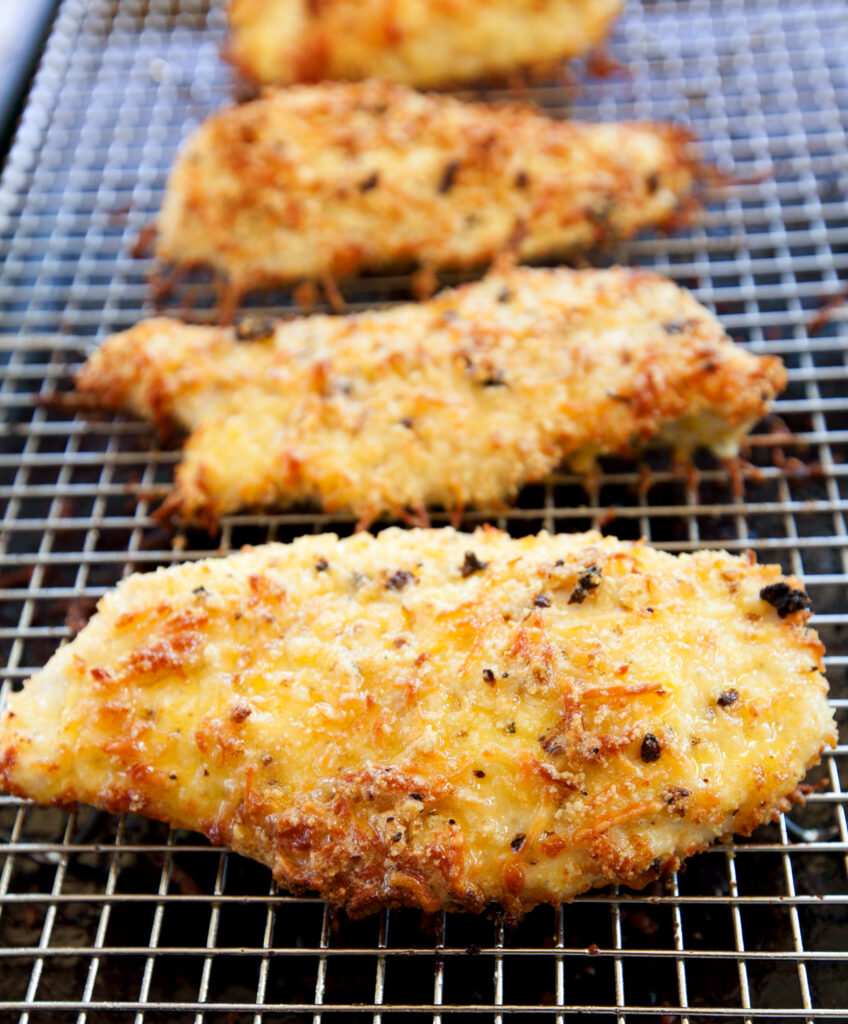Close up of keto parmesan crusted chicken.