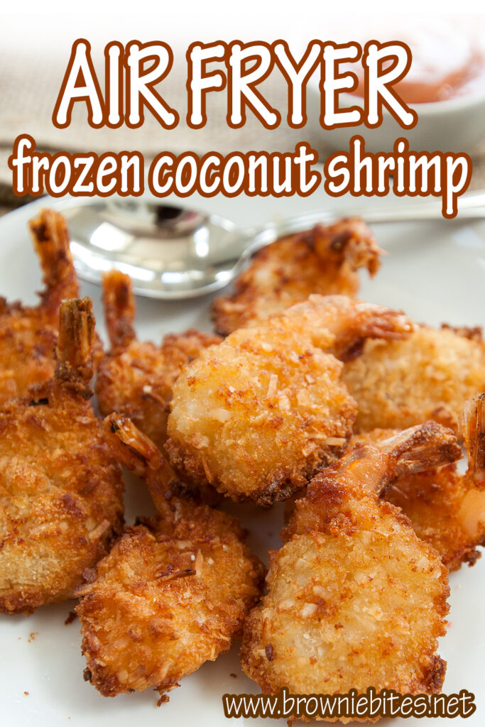 Pinterest ready image for air fryer frozen coconut shrimp, with text.