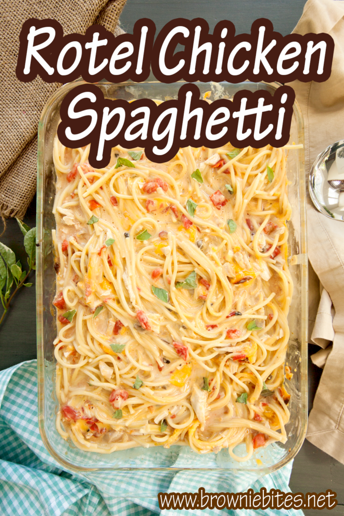A recipe image for rotel chicken spaghetti with text, for easy pinning to Pinterest boards.