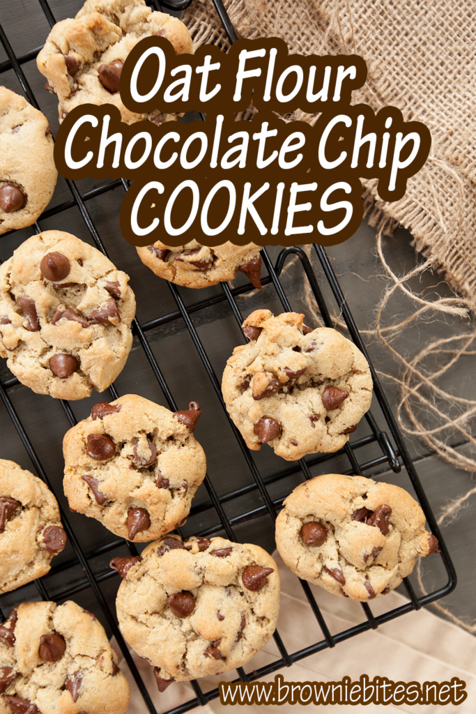 A Pinterest-ready image, with text, directing to a gluten free recipe for oat flour chocolate chip cookies.