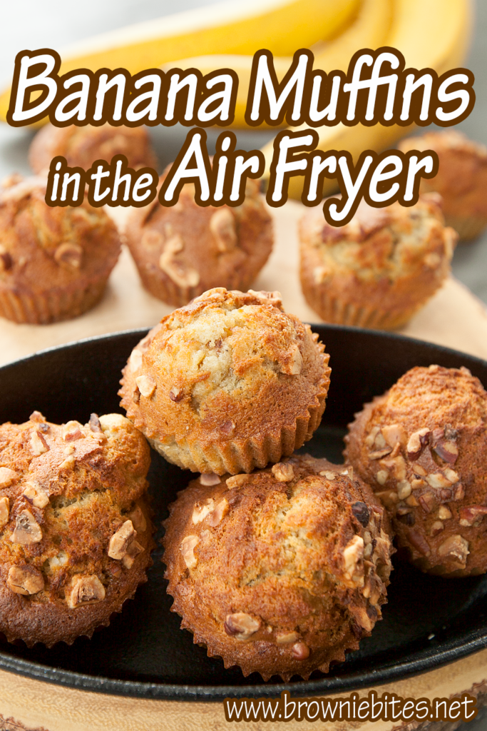 A photo of air fryer banana muffins with text overlay for use with Pinterest.