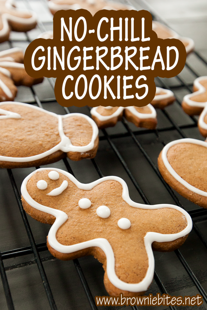 A Pinterest-ready image with text pointing to a recipe for no chill gingerbread cookies.