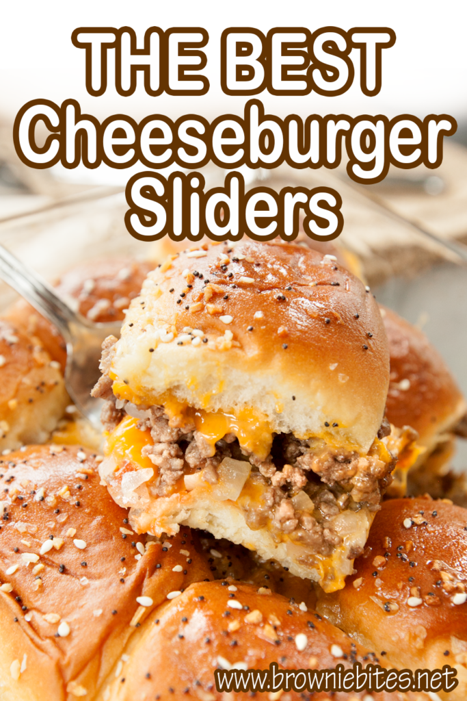 A cheeseburger slider with melty cheese oozing out, with text for Pinterest.