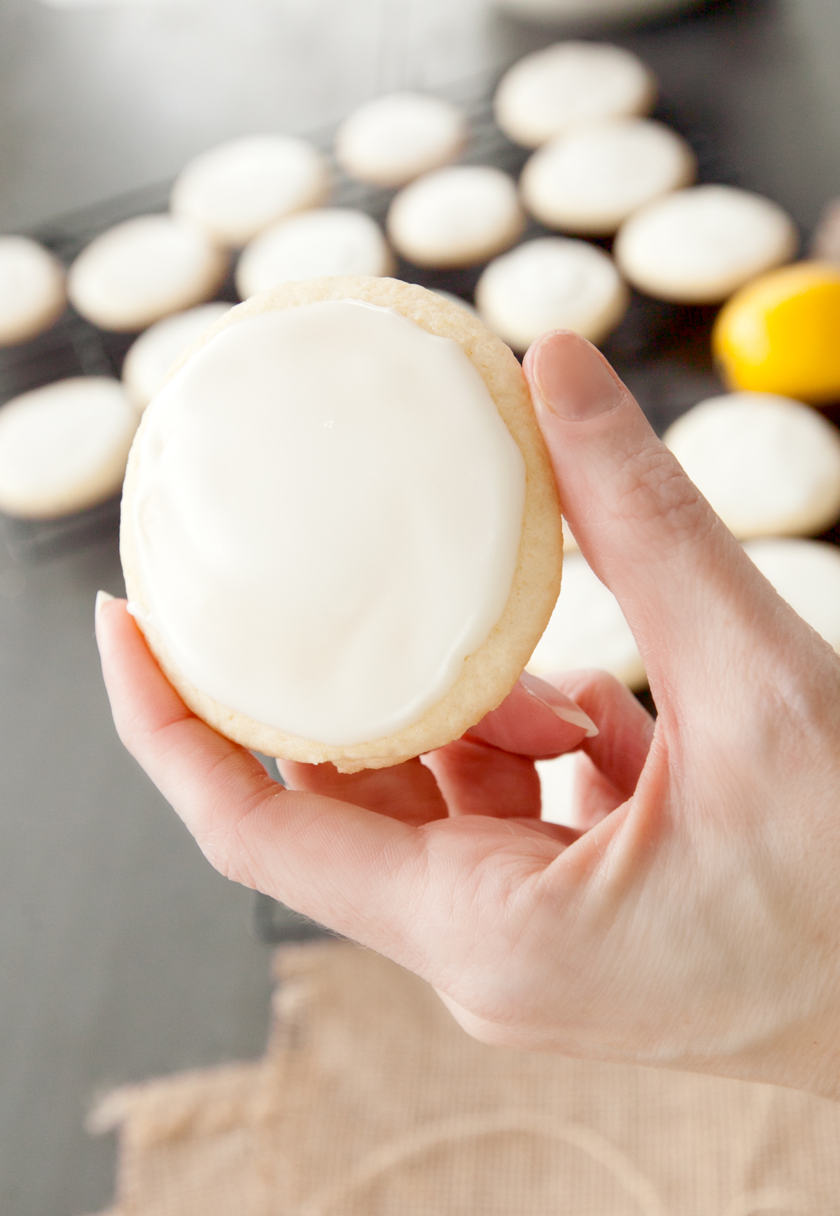 A hand holding up a ham and goodys lemon cookie copycat.