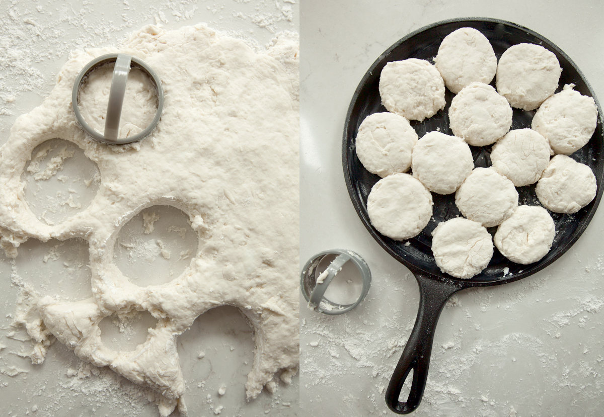 Overhead view of Brenda Gantt's biscuit dough being cut and placed into a cast iron skillet.